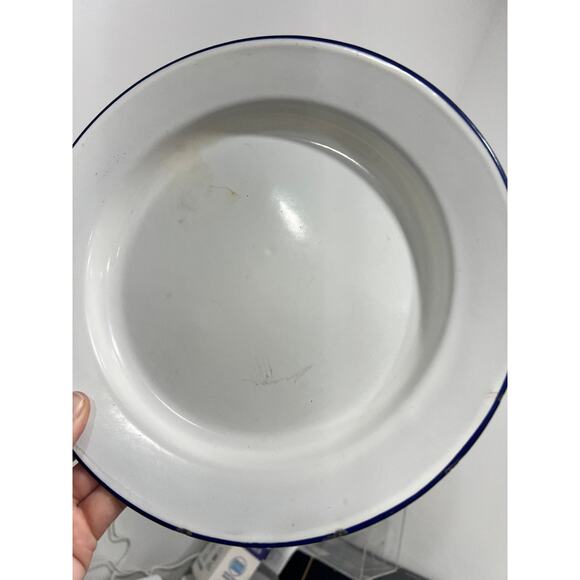 2 Vintage White w/ Blue Rim Enamel 9.5" Salad Plate Cottage Farmhouse Kitchen - Picture 2 of 9